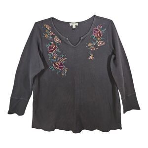 Style & Co Gray Embroidered Thermal Notch Neck Long Sleeve Top Size 2X